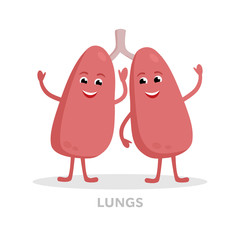 Strong healthy lungs cartoon character isolated on white background. Happy lungs icon vector flat design. Healthy organ concept medical illustration.