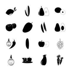 icon Fruits And Vegetables with chili, vintage vine, dredge corn, onions and citus