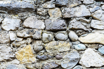 Background of grey and brown stonework wall with different forms stones and rough texture