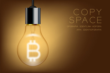 Alphabet Incandescent light bulb switch on set Bitcoin Cryptocurrency symbol Blockchain technology concept, illustration isolated glow in brown gradient background, with copy space