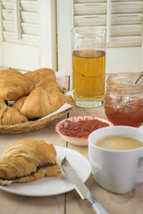 Breakfast with fresh baked croissants.