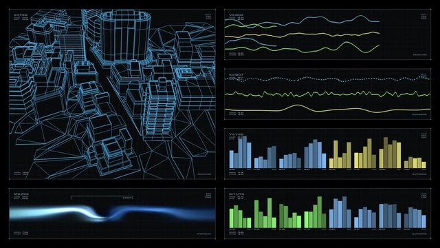 Monochromatic multi-panel visual display: city wireframe, graphs, readouts, indicators. Reversible seamless loop. 