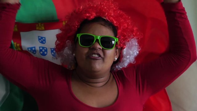 Portuguese Woman Celebrating with National Flag