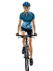 one caucasian cyclist woman cycling riding bicycle  isolated on white background
