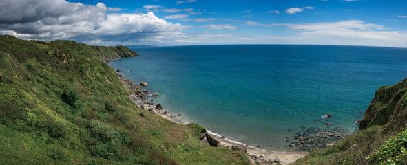 Panorama of a bay on the Cornish coast.