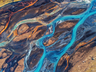 Aerial view and top view river in Iceland. Beautiful natural backdrop. - obrazy, fototapety, plakaty