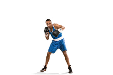 Sporty man during boxing exercise. Photo of boxer on white background