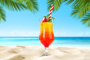Summer drink on beach and free space for your decoration. 