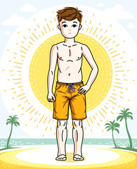 Child young teen boy cute standing wearing fashionable beach shorts. Vector attractive kid illustration. Fashion and lifestyle theme cartoon.