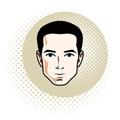 Vector illustration of handsome brunet male face, positive face features, clipart.