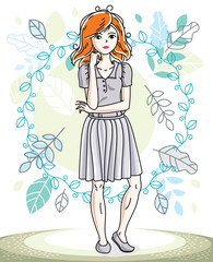 Happy pretty young redhead woman standing on background of spring ecology landscape with delicate blue leaves and wearing fashionable casual clothes. Vector character.