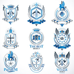 Fototapeta premium Vector classy heraldic Coat of Arms. Collection of blazons stylized in vintage design and created with graphic elements, royal crowns and flags, stars, towers, armory, religious crosses.