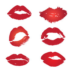 Imprints of red lips. Vector set of red kisses for decoration on the white background.