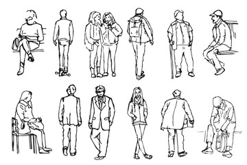 A collection of hand drawn people in linear style. Different characters and poses.