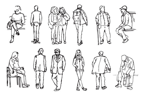 A collection of hand drawn people in linear style. Different characters and poses.