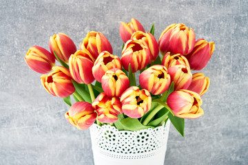 Red tulips bouquet in white flowers pot on gray background. Holiday background, copy space.