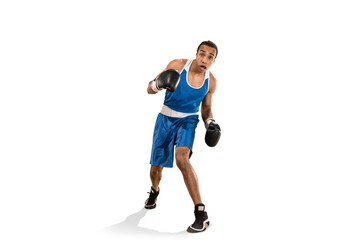 Plakat Sporty man during boxing exercise. Photo of boxer on white background