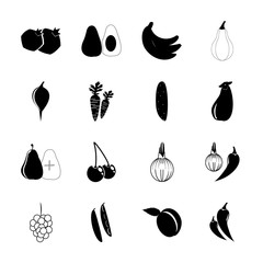 icon Fruits And Vegetables with onions, banana split, cucurbit, vintage vine and mango tree