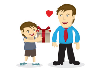 Vector cartoon illustration a child giving a gift to his father.