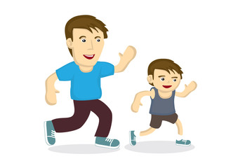 Father and son exercise together showing the bonding between them.