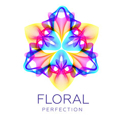 Fantastic flower icon logo, abstract shape with lots of blending lines, gradient colors. Vector illustration. Sample text - Floral perfection. 