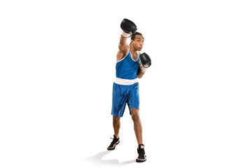 Sporty man during boxing exercise. Photo of boxer on white background