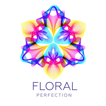 Fantastic flower icon logo, abstract shape with lots of blending lines, gradient colors. Vector illustration. Sample text - Floral perfection. 