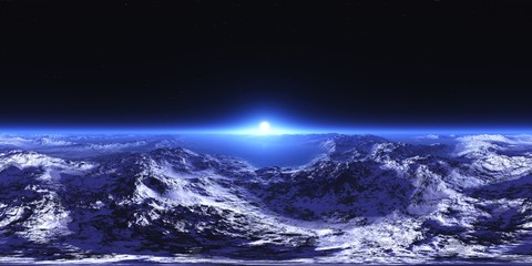 HDRI, Round panorama, spherical panorama, sunrise over the planet, sunrise over the icy moon,
3D rendering