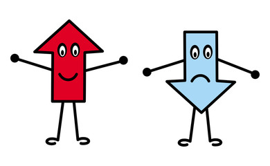 Arrows with emotions. Red arrow up, blue arrow down. A cartoon drawing. Vector graphics.
