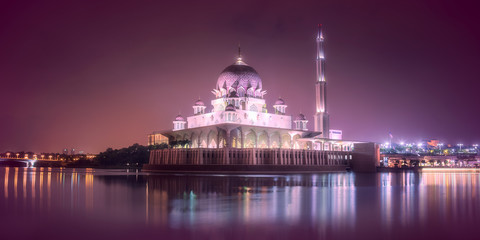 Putra Mosque with night lighting in Putrajaya