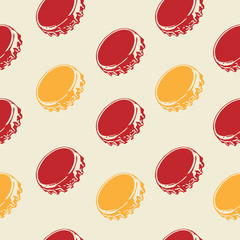 Seamless yellow and red bottle caps pattern on pale background