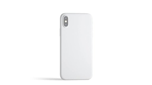 Blank white smart phone with matte case rotation, isolated, 3d rendering. Empty smartphone in frosted cover half-turning, back side view