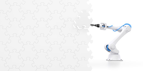 Action Show Of Robotic Manipulator. Mechanical arm of an industrial robot assembling wall from pieces of jigsaw puzzle. 3d rendering graphic composition on the subject of 'Industrial Robotics'.