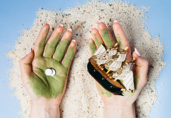 Cruise sea motion sickness. Seasick on boat vacation with headache or nausea. Seasickness. Concept