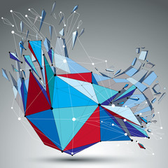 3d vector low poly deformed object with connected black and white lines and dots, colorful geometric wireframe shape with fractures. Asymmetric perspective shattered form.