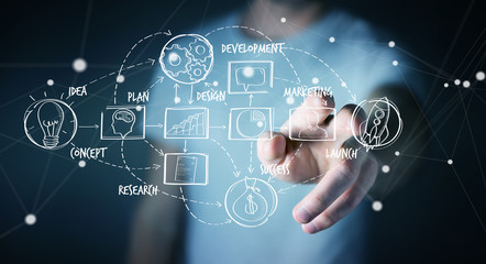 Businessman using manuscript project presentation with his hand