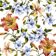 Beautiful tiger lilies and small blue flowers on twigs against white background. Seamless floral pattern. Watercolor painting. Hand painted illustration.