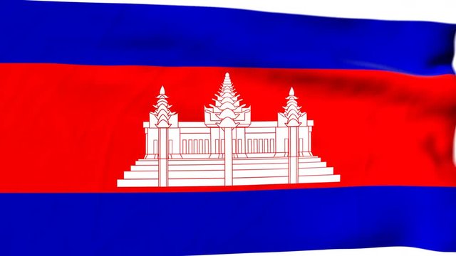 The waving flag of Cambodia opens up the view to the position of Cambodia on a colored world map