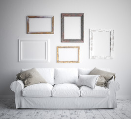 Mock up poster frame in hipster interior background, scandinavian style, 3D render