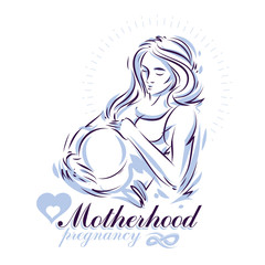 Pregnant female beautiful body outline, mother-to-be drawn vector illustration. Pregnancy support and mother care advertising flyer