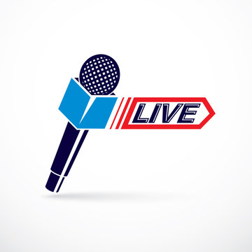 Live reportage conceptual logo, vector illustration created with microphones equipment and live writing.