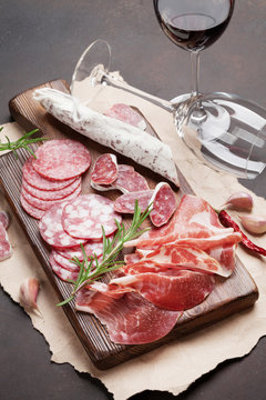 Salami, sausage, prosciutto and wine