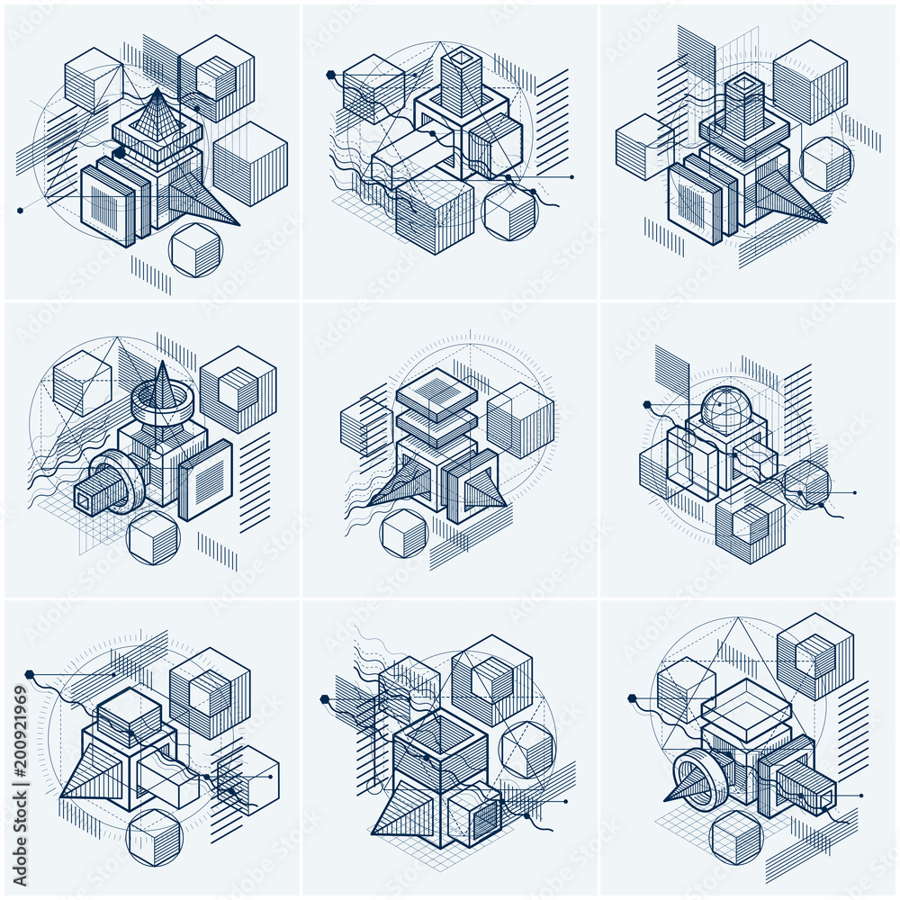 Poster abstract isometrics backgrounds, 3d vector layout. compositions of cubes, hexagons, squares, rectang