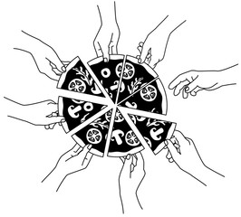 Pizza, Vector Illustration from people eating pizza, hands grabbing piece of pizza.