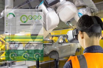 Industry 4.0 Robot concept .Engineers are using virtual AR to maintain and check the work of human robot in the 4.0 Smart Factory.