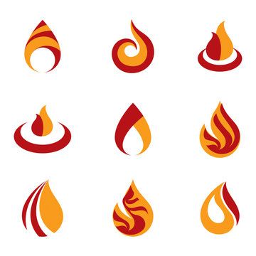 Set of vector fire illustrations, hot burning flame symbols best for use as petrol and gas advertising metaphor.