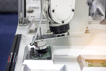 Industry 4.0 Robot concept .The robot arm is working smartly in the shipping department of the factory.