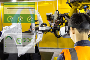 Industry 4.0 Robot concept .Engineers are using virtual AR to maintain and check the work of human robot in the 4.0 Smart Factory.