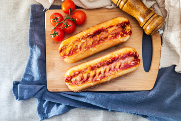 Home made Grilled Hot Dog with cheese, ketchup