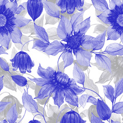Transparent purple clematis flowers on climbing twigs against white background. Seamless floral pattern. Watercolor painting. Hand painted illustration.